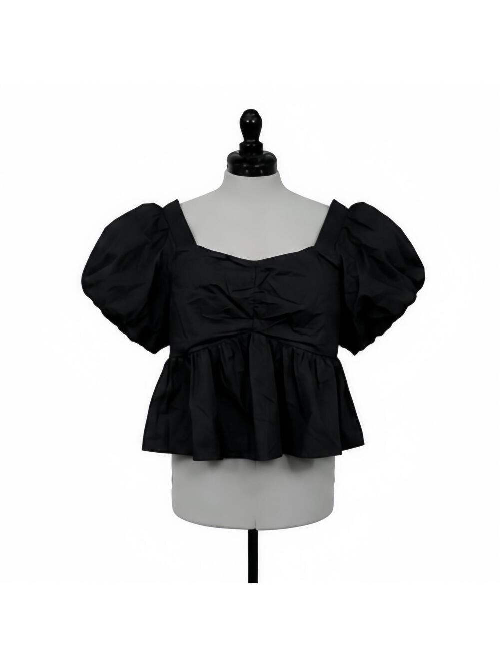 Old Navy Black Puff-Sleeve Ruched Smocked Babydoll Swing Blouse(XL Petite)